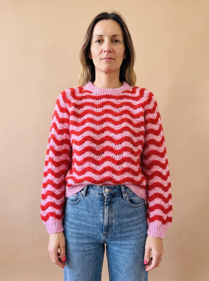 Damen Oversized Strickpullover mit Wellenmuster Rundhalsausschnitt - Rosa