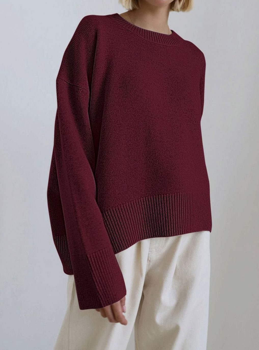 Damen Oversized Strickpullover Rundhals Langarm Lässig - Dunkelrot