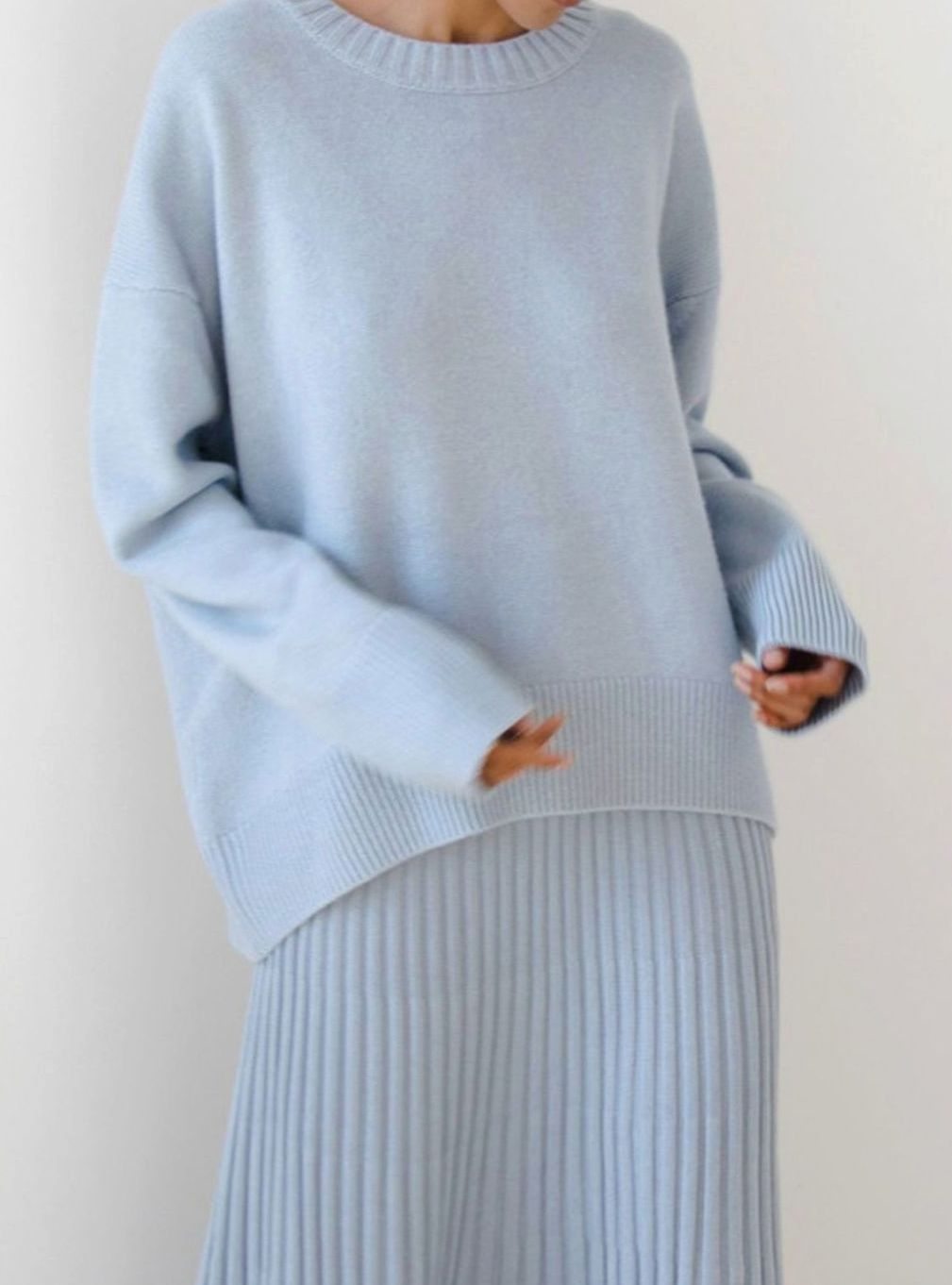 Damen Oversized Strickpullover Rundhals Langarm Lässig - Hellblau