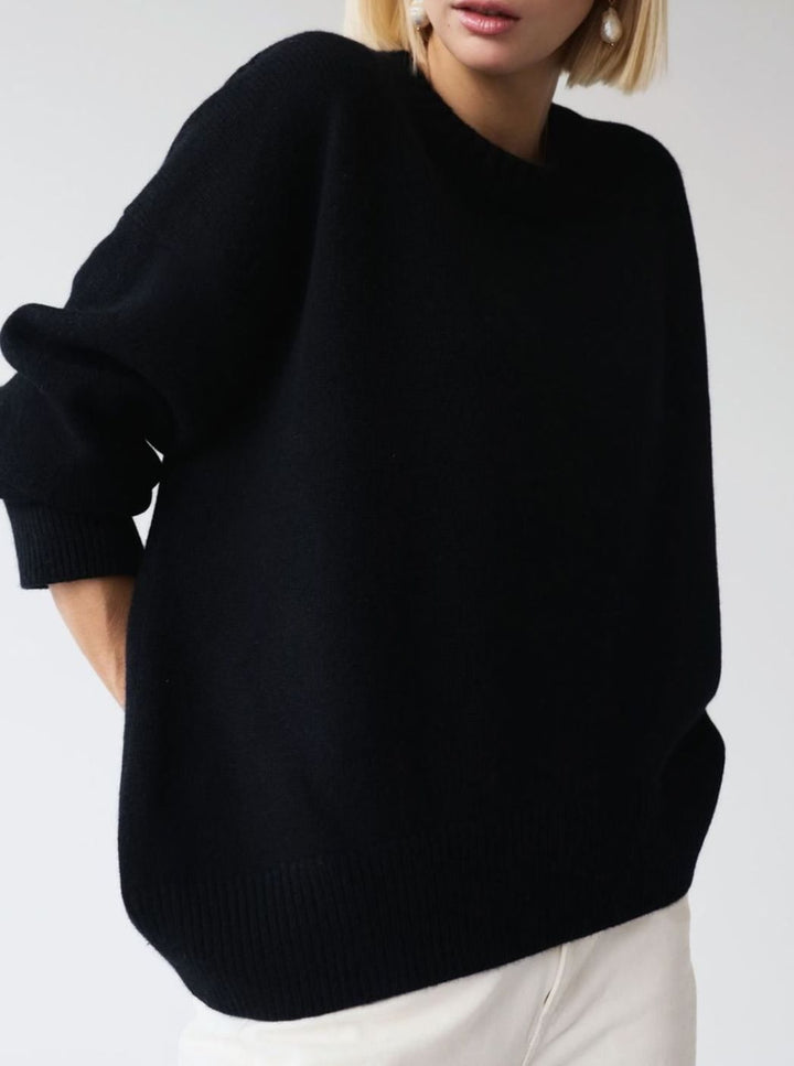 Damen Oversized Strickpullover Rundhals Langarm Lässig - Schwarz