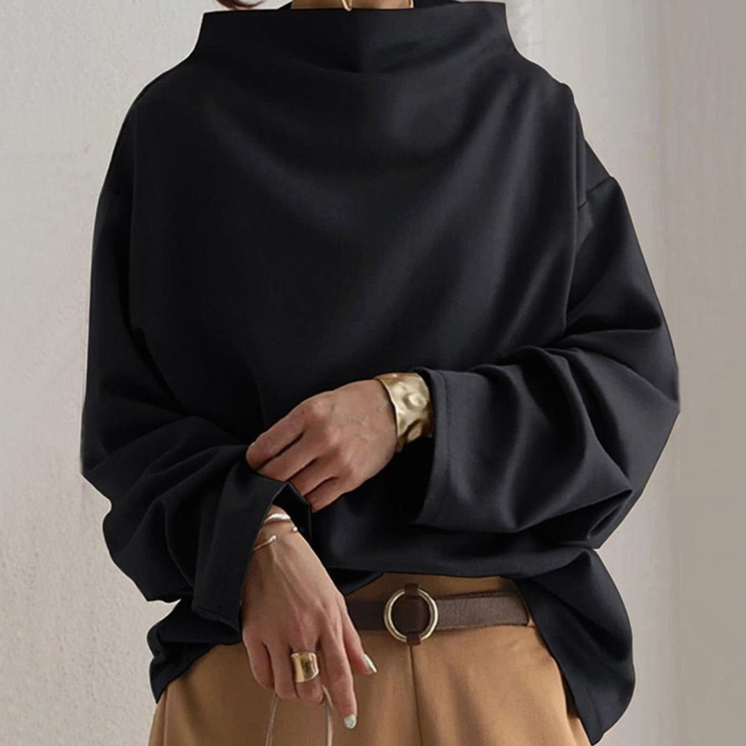 Damen Oversized Stricktop mit Hochkragen Langarm - Schwarz