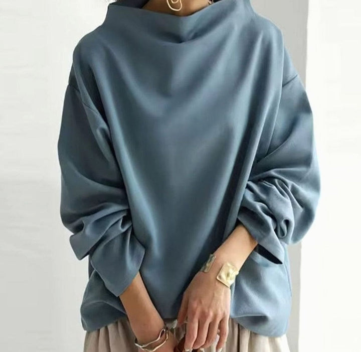 Damen Oversized Stricktop mit Hochkragen Langarm - Blau