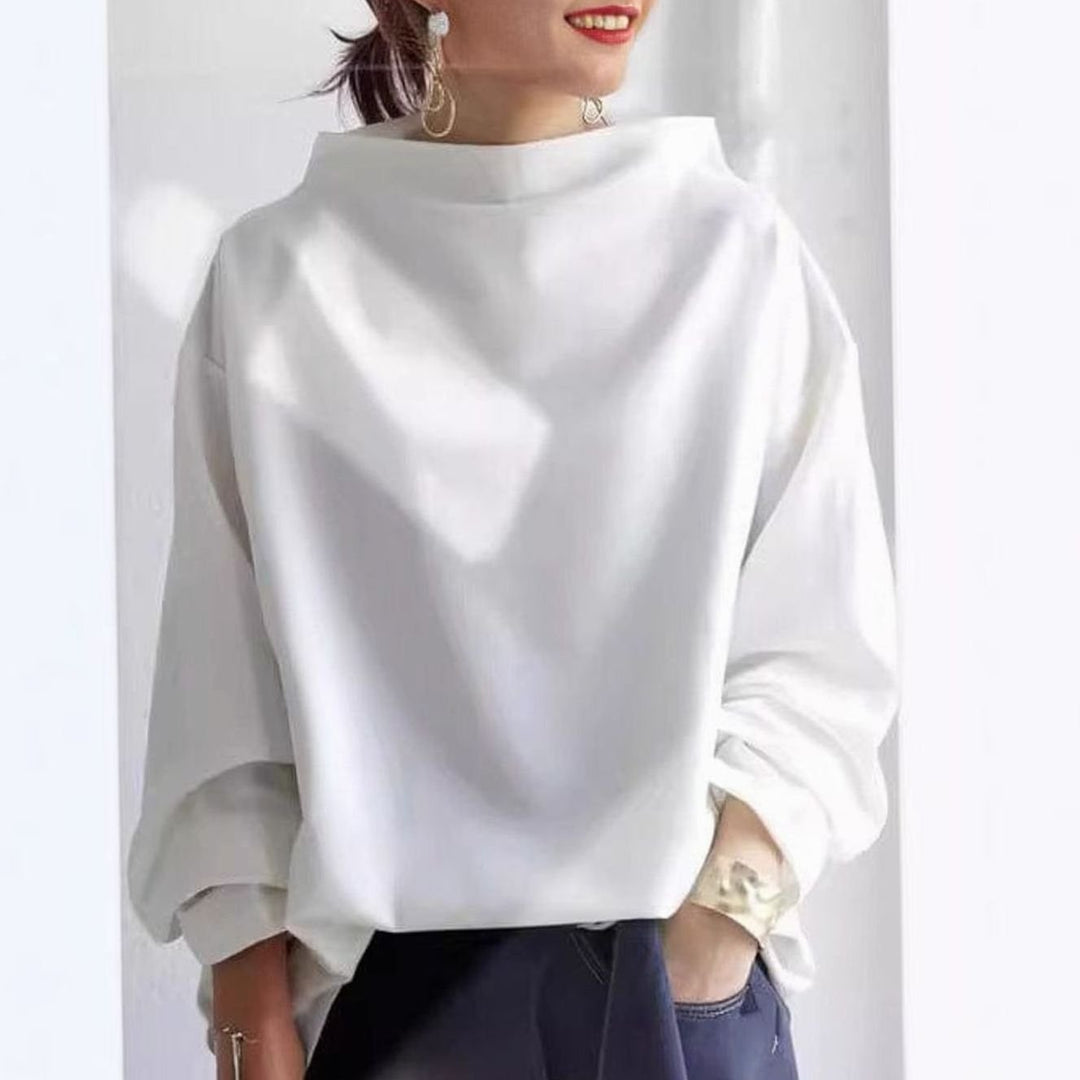 Damen Oversized Stricktop mit Hochkragen Langarm - Weiß