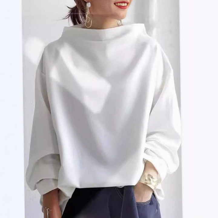 Damen Oversized Stricktop mit Hochkragen Langarm - Weiß