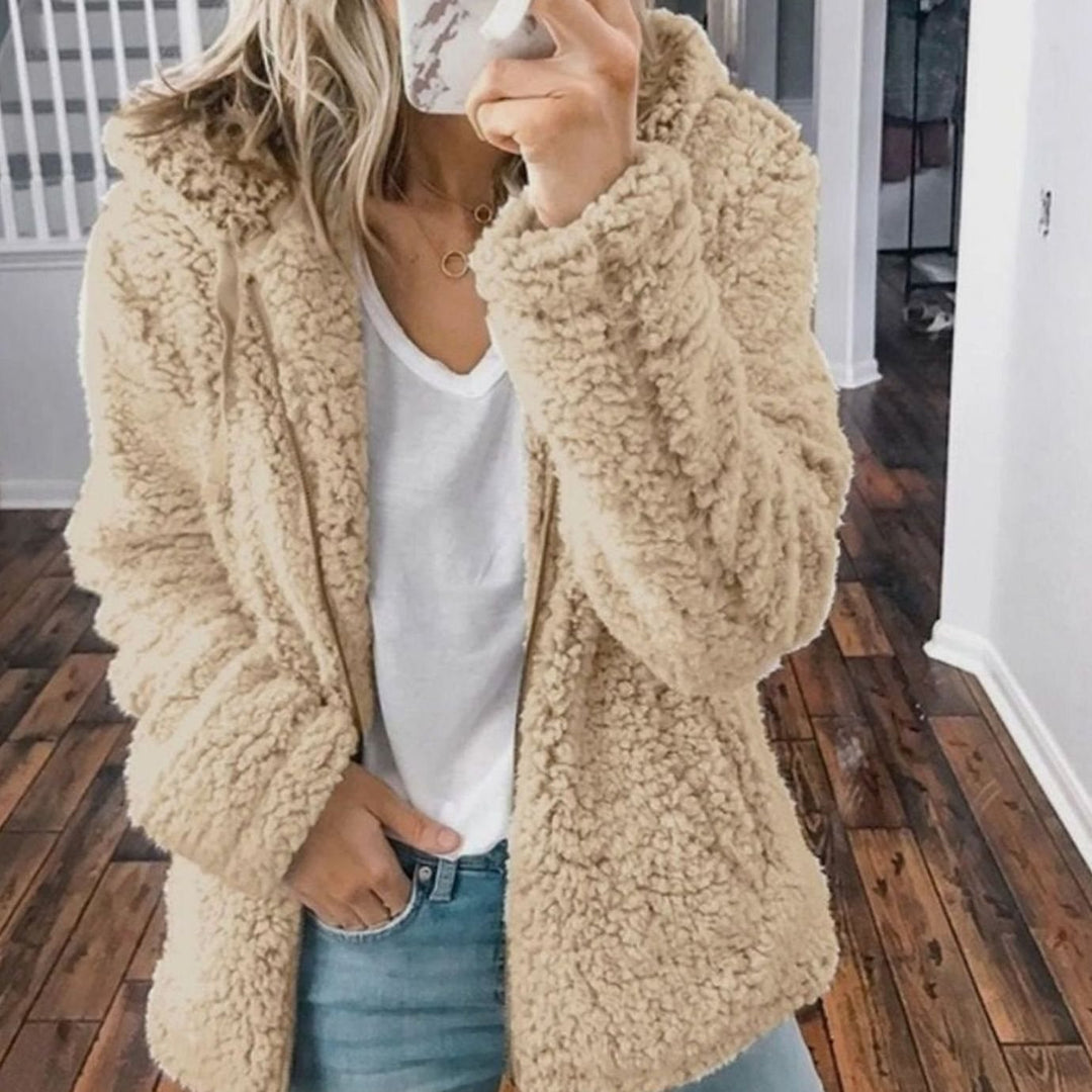 Damen Oversized Teddy-Mantel mit Kapuze und Reißverschluss - Beige