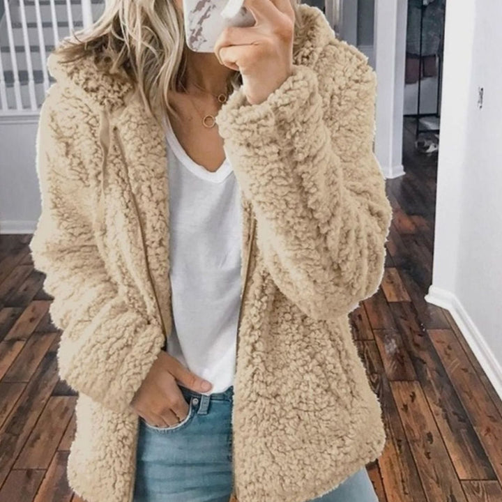 Damen Oversized Teddy-Mantel mit Kapuze und Reißverschluss - Beige