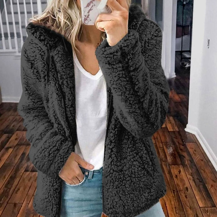 Damen Oversized Teddy-Mantel mit Kapuze und Reißverschluss - Schwarz