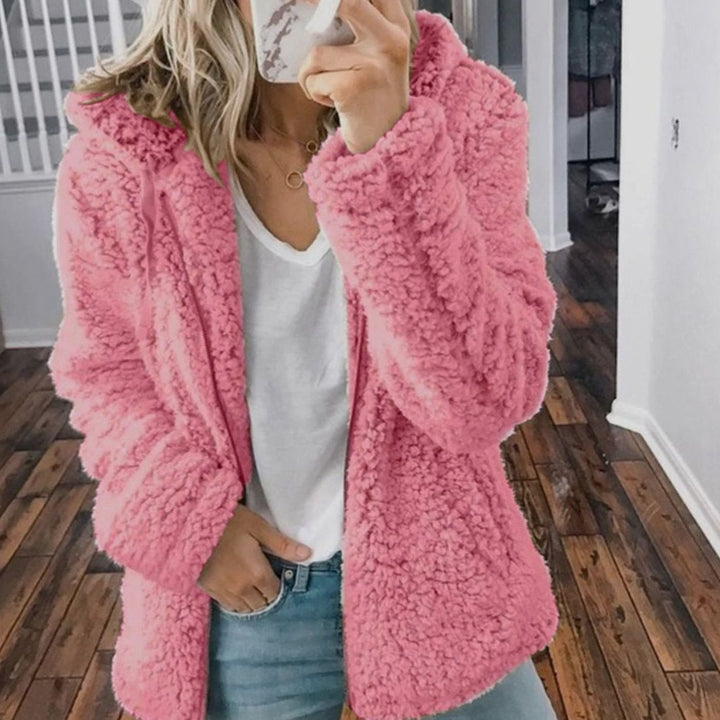 Damen Oversized Teddy-Mantel mit Kapuze und Reißverschluss - Rosa