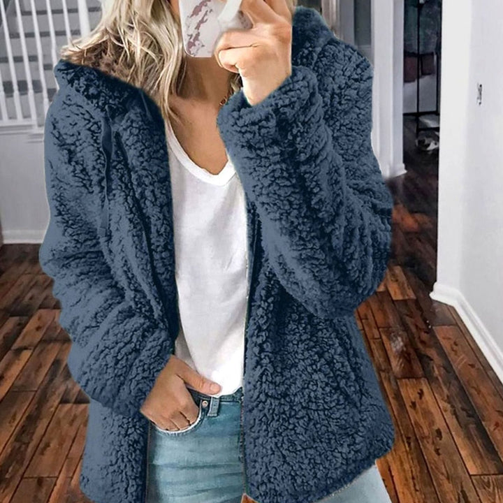 Damen Oversized Teddy-Mantel mit Kapuze und Reißverschluss - Blau