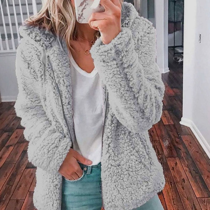Damen Oversized Teddy-Mantel mit Kapuze und Reißverschluss - Hellgrau