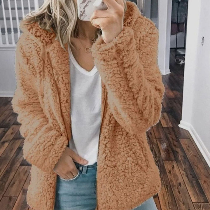 Damen Oversized Teddy-Mantel mit Kapuze und Reißverschluss - Cappuccino