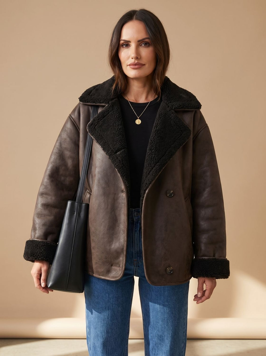 Damen Oversized Teddyjacke Kunstfellmantel mit Knopfleiste - Braun