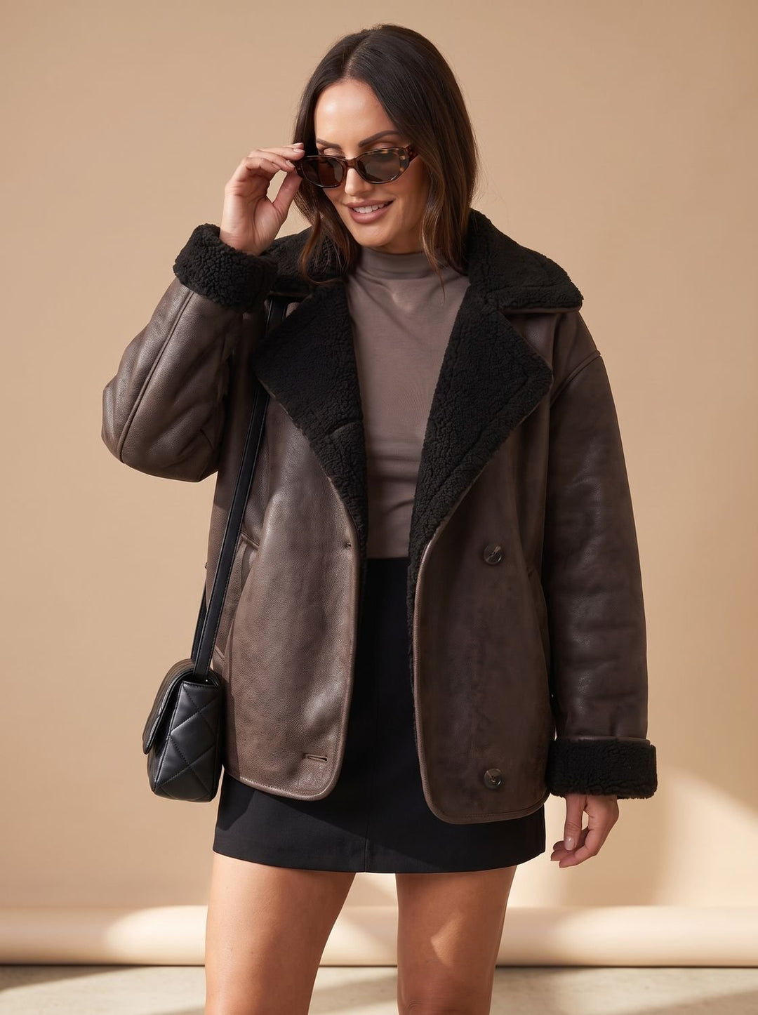Damen Oversized Teddyjacke Kunstfellmantel mit Knopfleiste