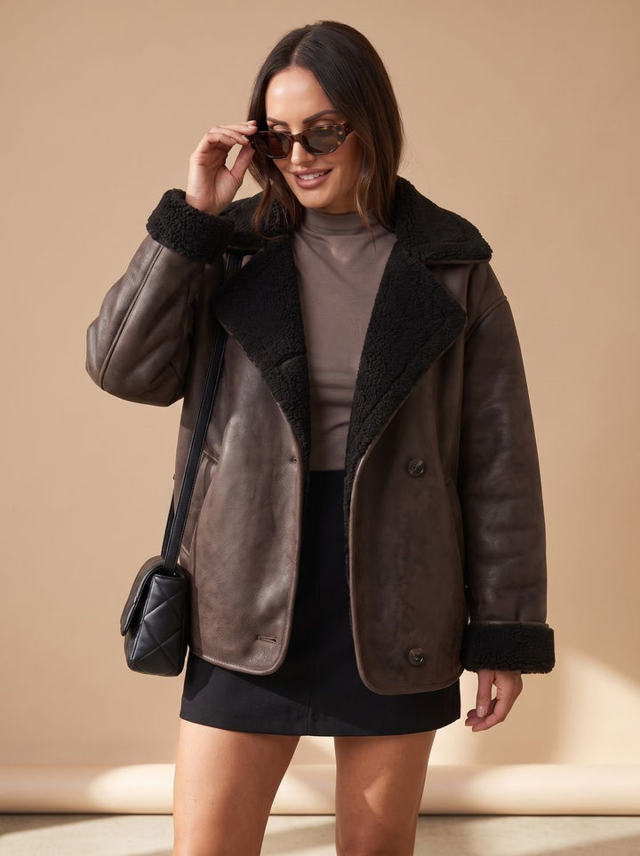 Damen Oversized Teddyjacke Kunstfellmantel mit Knopfleiste