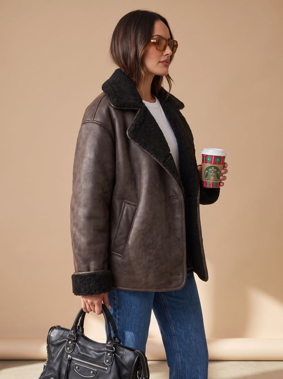 Damen Oversized Teddyjacke Kunstfellmantel mit Knopfleiste