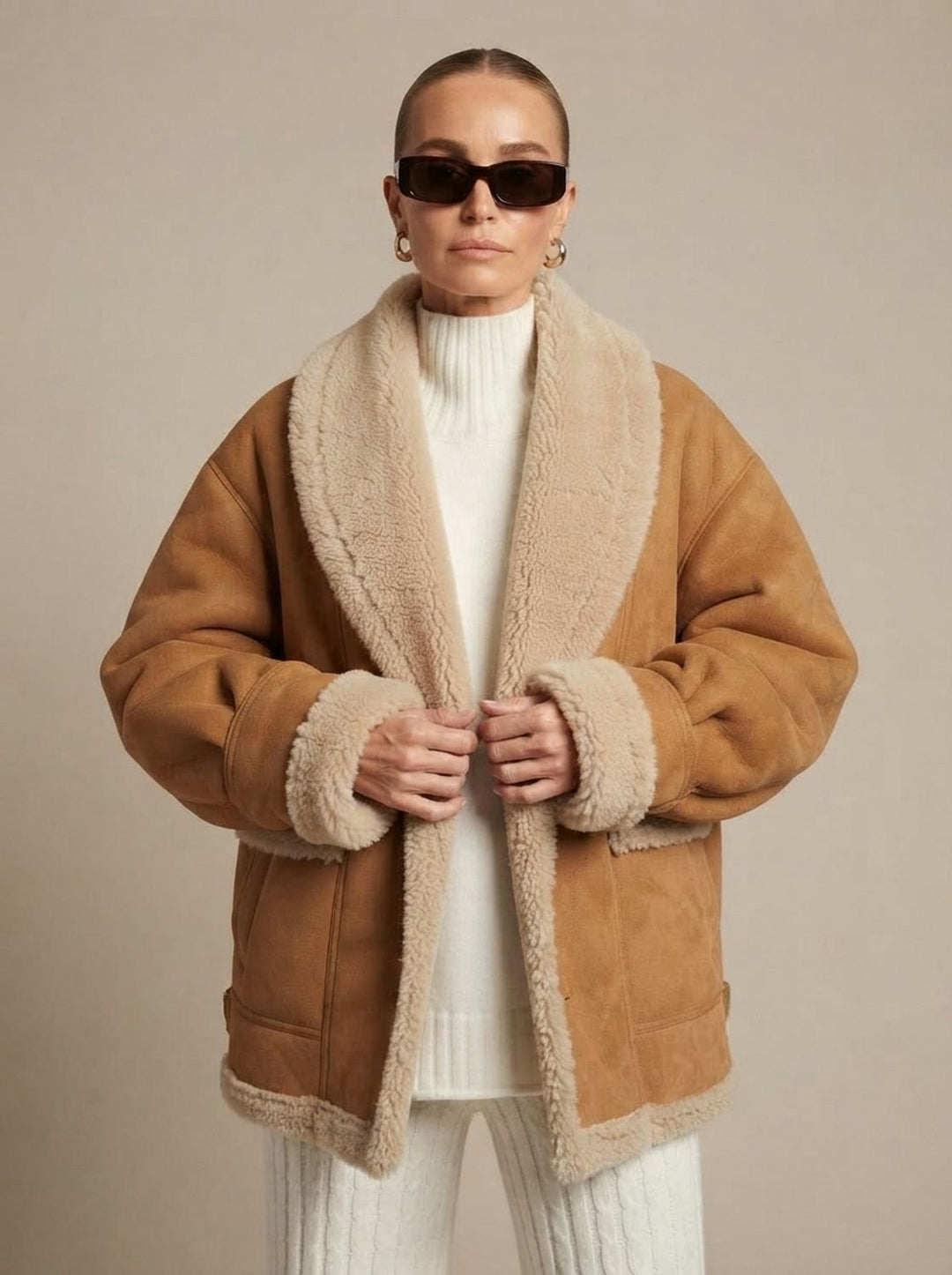 Damen Oversized Teddyjacke Kunstfellmantel Sherpa-Futter Winterjacke - Braun