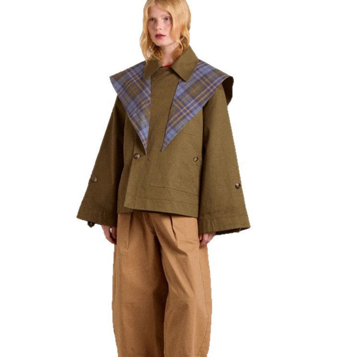 Damen Oversized Trench Coat Karogefu­tterter Umlegekragen Zweireiher