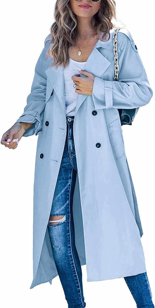 Damen Oversized Trench Coat mit Bindegürtel Doppelreiher - Himmelblau
