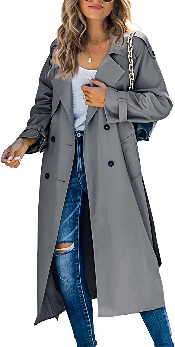 Damen Oversized Trench Coat mit Bindegürtel Doppelreiher - Grau