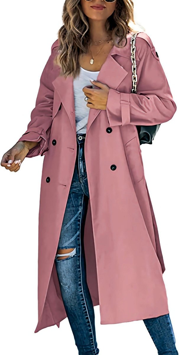 Damen Oversized Trench Coat mit Bindegürtel Doppelreiher - Rosa