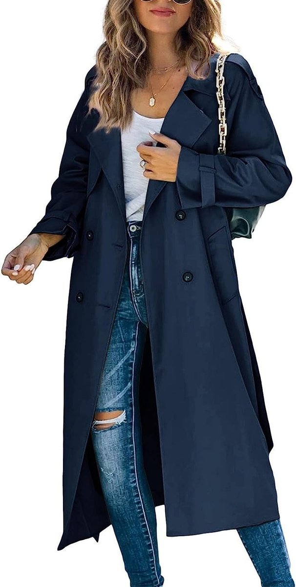 Damen Oversized Trench Coat mit Bindegürtel Doppelreiher - Marineblau