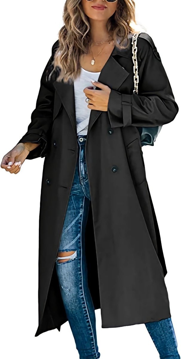 Damen Oversized Trench Coat mit Bindegürtel Doppelreiher - Schwarz
