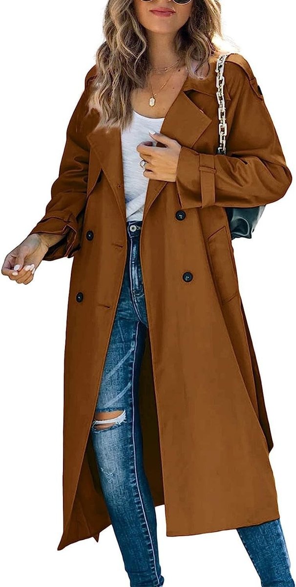 Damen Oversized Trench Coat mit Bindegürtel Doppelreiher - Braun