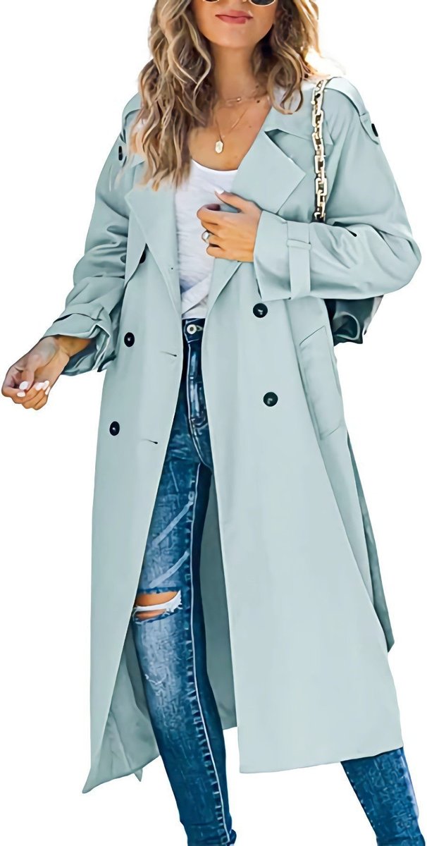 Damen Oversized Trench Coat mit Bindegürtel Doppelreiher - Hellgrün