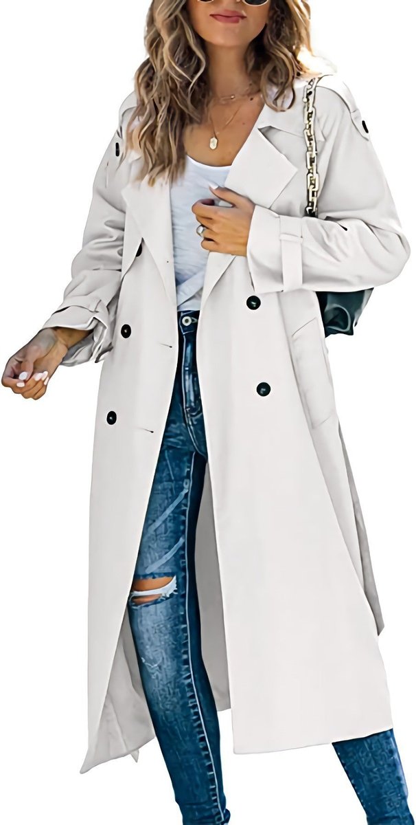 Damen Oversized Trench Coat mit Bindegürtel Doppelreiher - Weiß