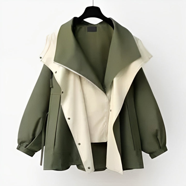 Damen Oversized Trench Coat Wasserdichter Kurzmantel mit Doppelkragen - Grün