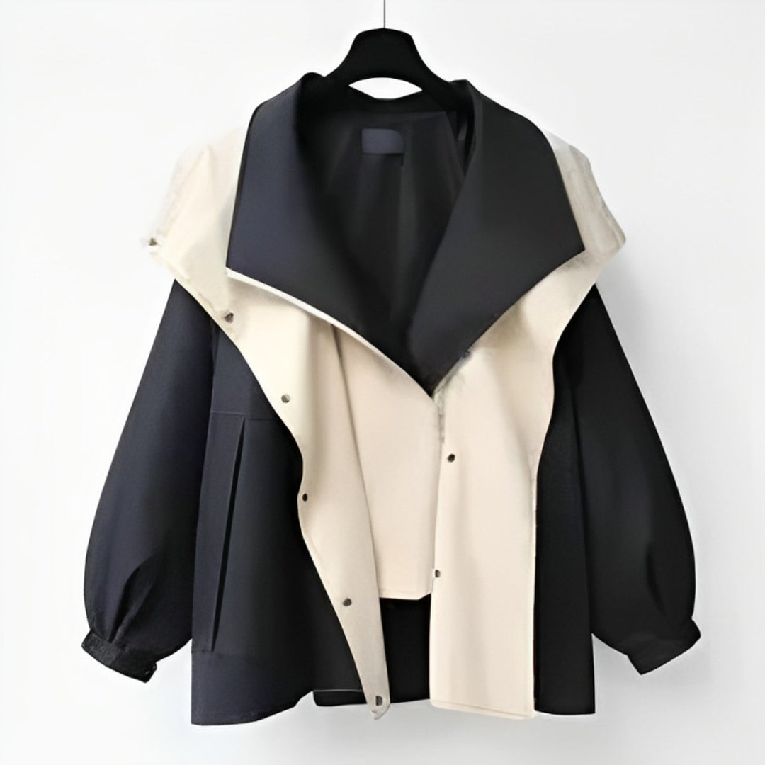 Damen Oversized Trench Coat Wasserdichter Kurzmantel mit Doppelkragen - Schwarz