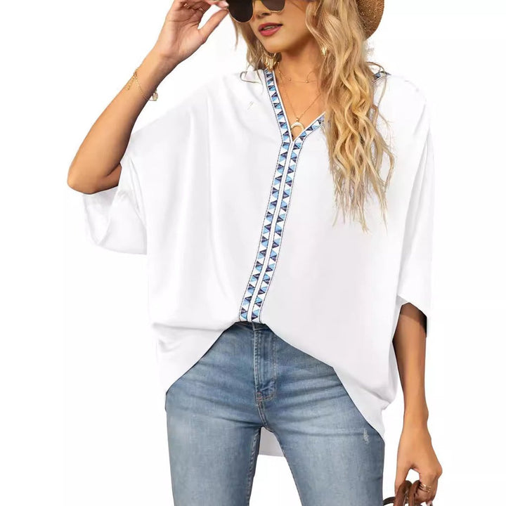 Damen Oversized Tunika V-Ausschnitt Geometrisches Stickerei-Oberteil