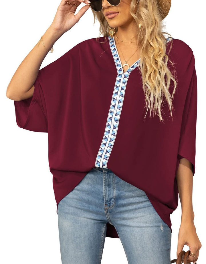 Damen Oversized Tunika V-Ausschnitt Geometrisches Stickerei-Oberteil - Gelb