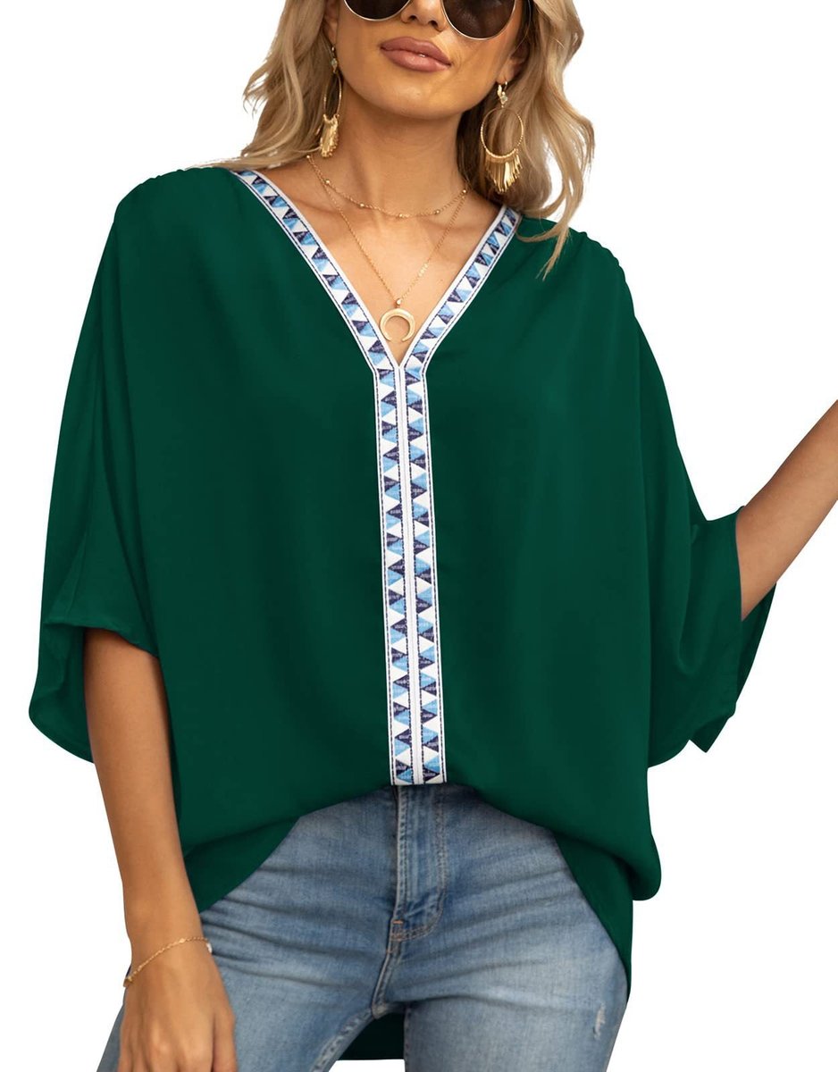 Damen Oversized Tunika V-Ausschnitt Geometrisches Stickerei-Oberteil - Dunkelgrün