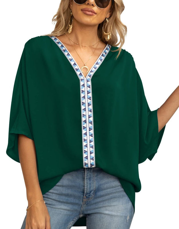Damen Oversized Tunika V-Ausschnitt Geometrisches Stickerei-Oberteil - Dunkelgrün