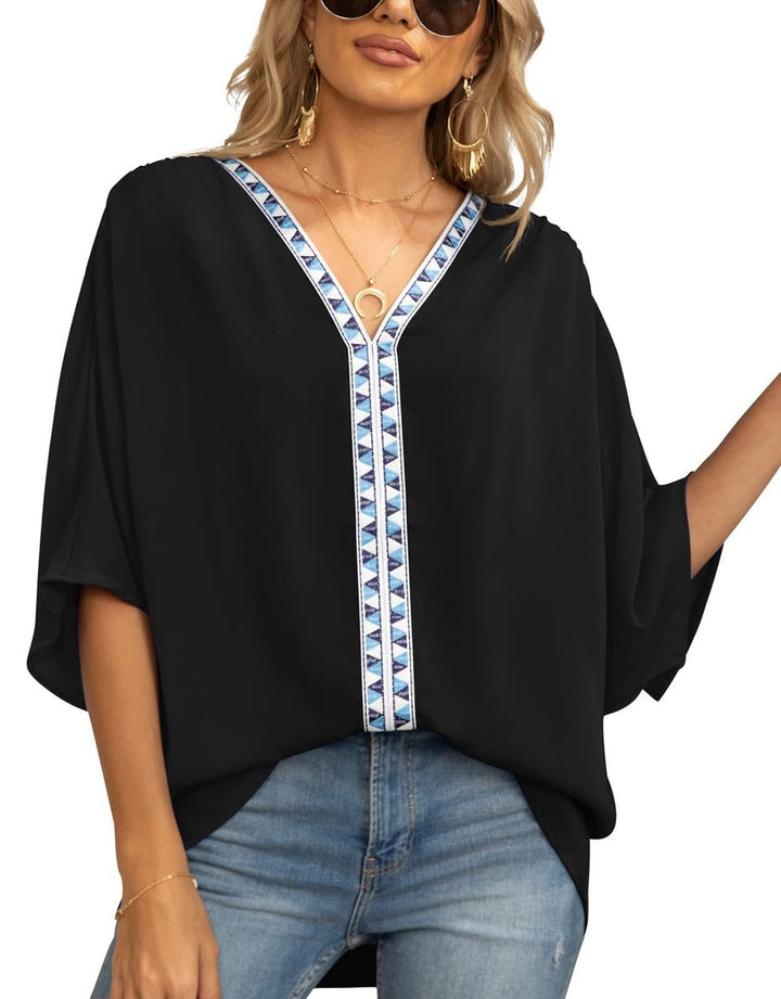 Damen Oversized Tunika V-Ausschnitt Geometrisches Stickerei-Oberteil - Schwarz