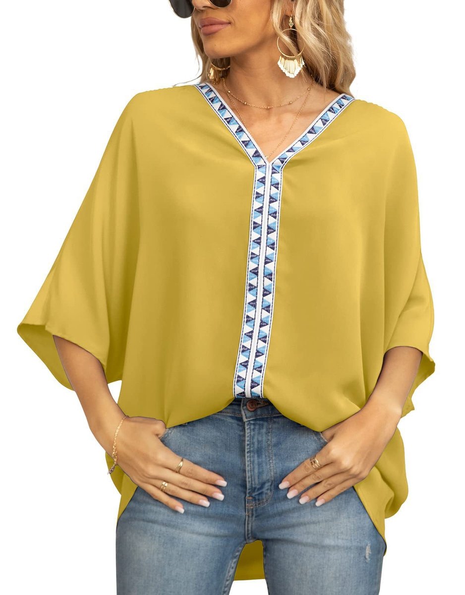 Damen Oversized Tunika V-Ausschnitt Geometrisches Stickerei-Oberteil - Blume