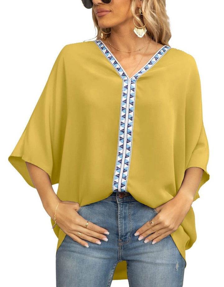 Damen Oversized Tunika V-Ausschnitt Geometrisches Stickerei-Oberteil - Blume