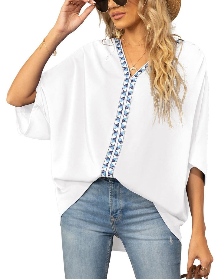 Damen Oversized Tunika V-Ausschnitt Geometrisches Stickerei-Oberteil - Weiß