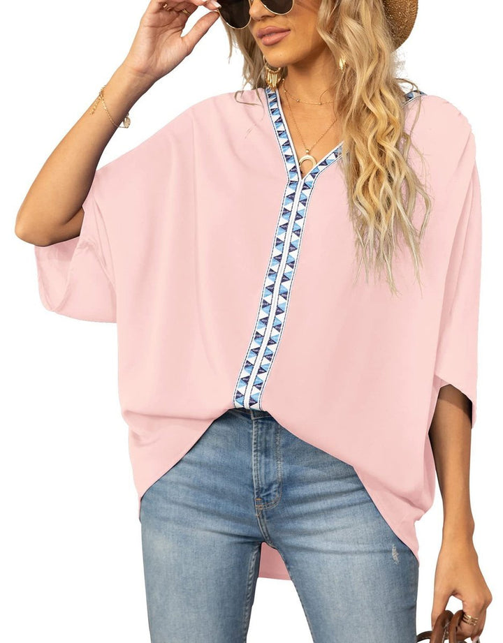 Damen Oversized Tunika V-Ausschnitt Geometrisches Stickerei-Oberteil - Pink