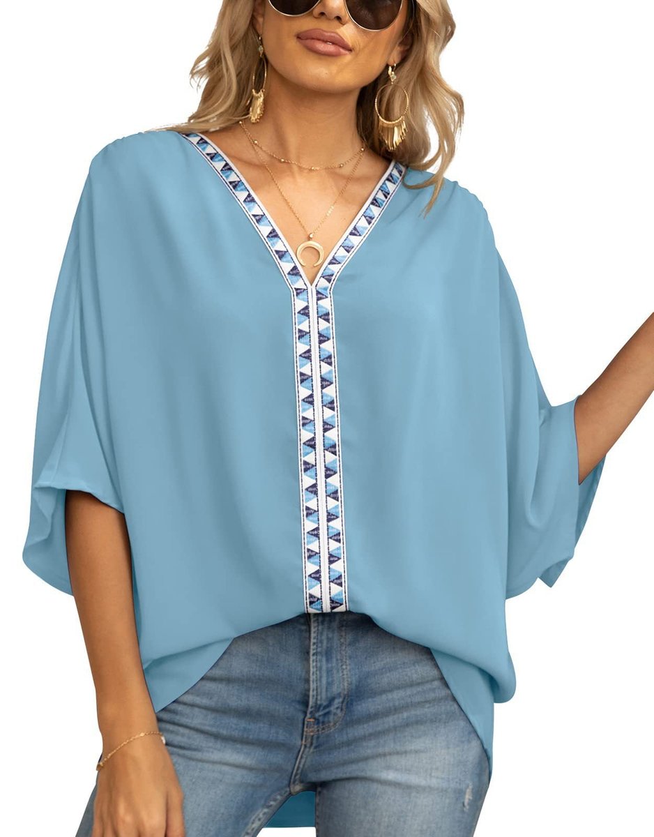 Damen Oversized Tunika V-Ausschnitt Geometrisches Stickerei-Oberteil - Dunkelblau