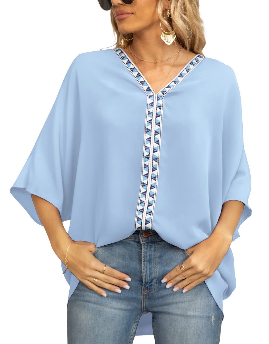 Damen Oversized Tunika V-Ausschnitt Geometrisches Stickerei-Oberteil - 浅蓝色