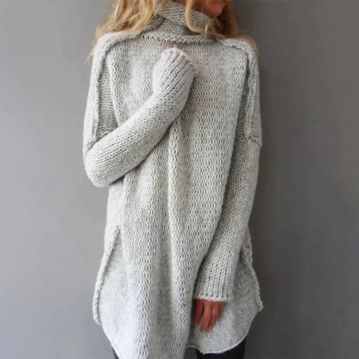 Damen Oversized Turtleneck Sweater Grobstrick Longpullover - Grau