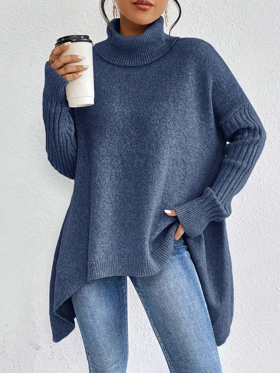 Damen Oversized Turtleneck Sweater mit geripptem Rollkragen und verlängertem Saum - Ozeanblau