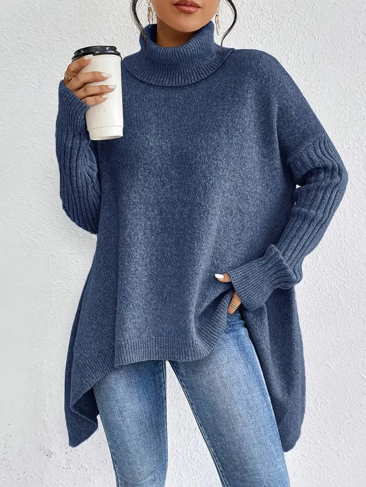 Damen Oversized Turtleneck Sweater mit geripptem Rollkragen und verlängertem Saum - Ozeanblau
