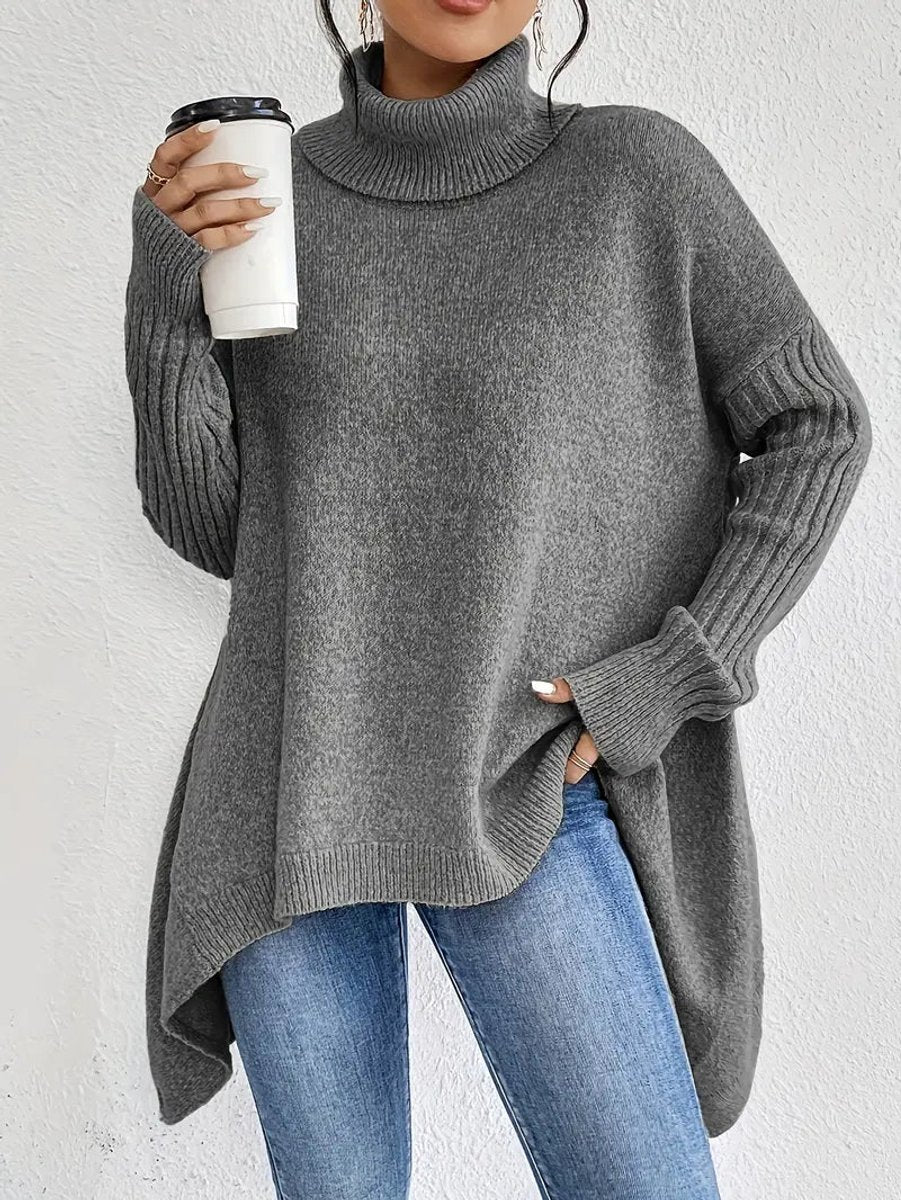 Damen Oversized Turtleneck Sweater mit geripptem Rollkragen und verlängertem Saum - Stein Grau