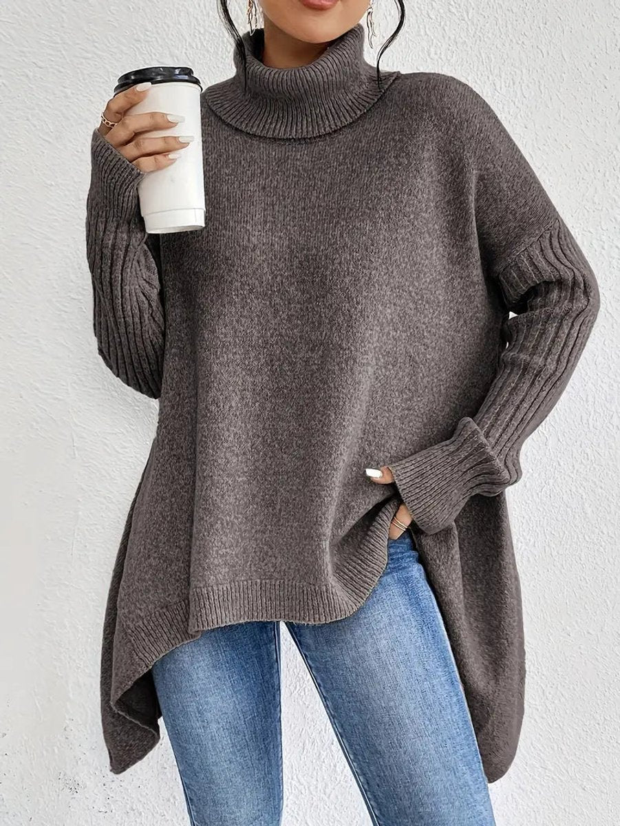 Damen Oversized Turtleneck Sweater mit geripptem Rollkragen und verlängertem Saum - Espresso Braun