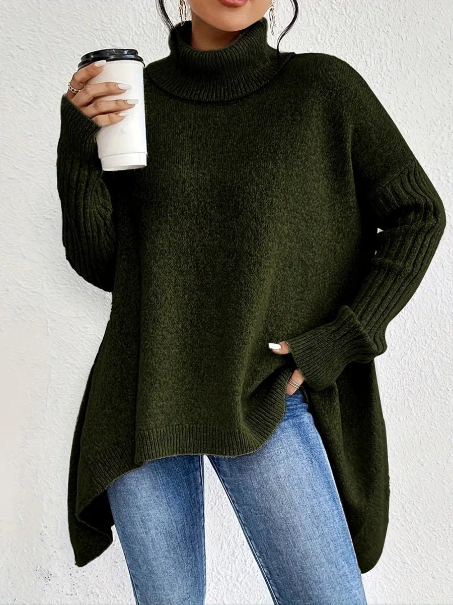 Damen Oversized Turtleneck Sweater mit geripptem Rollkragen und verlängertem Saum - Kieferngrün