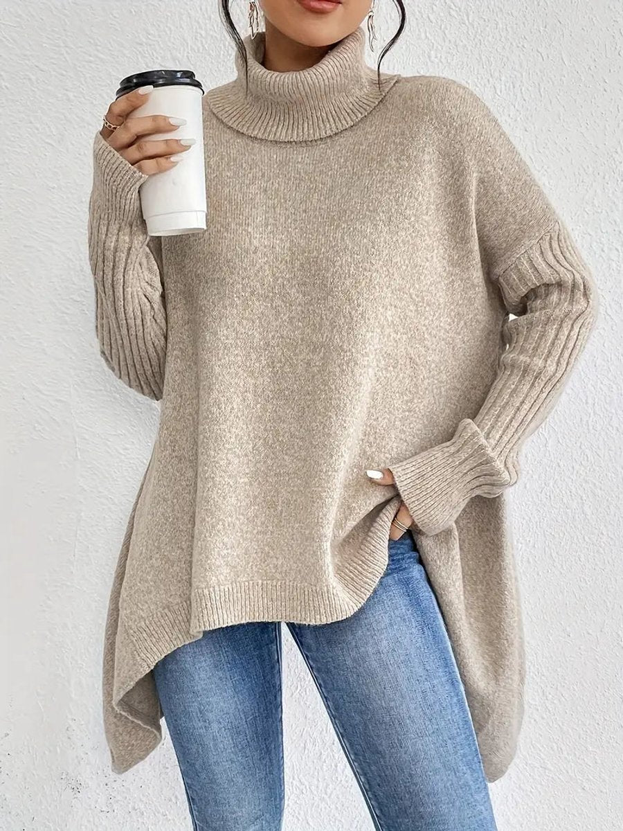 Damen Oversized Turtleneck Sweater mit geripptem Rollkragen und verlängertem Saum - Wüstenkhaki