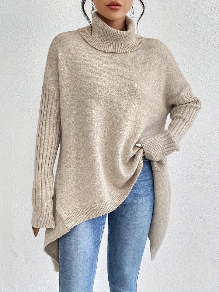 Damen Oversized Turtleneck Sweater mit geripptem Rollkragen und verlängertem Saum